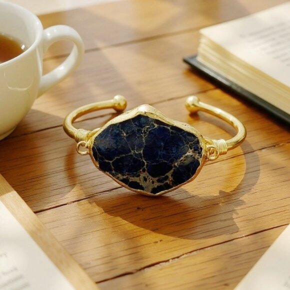 Imperial Ocean Jasper Wire Wrap Cuff w/ 14Kt Gold Over Copper – Hand Crafted - Picture 3 of 9